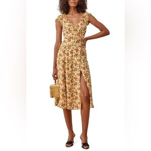 Reformation Yellow Floral Wrap Midi Dress with Side Slit
